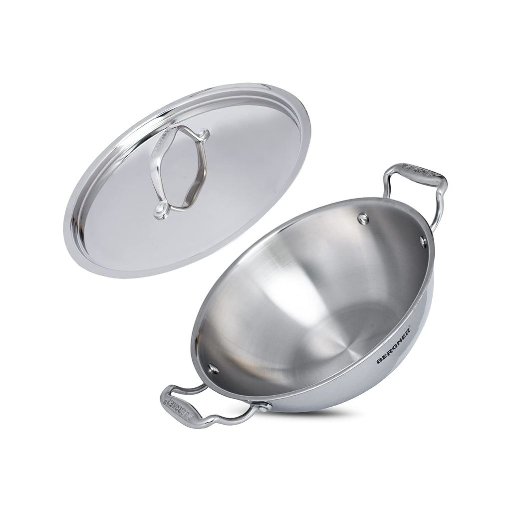 BERGNER Argent Triply 22cm (2.8 Liters) Deep Kadai with Stainless Steel Lid, Consumes Less Oil, Healthy Cooking, Sturdy Stay Cool Cast Handles, Even Heat Distribution - Induction and Gas Stove Ready - Cookware | Buy online on ZillyBuy