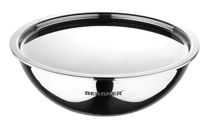 BERGNER Argent TriPly Stainless Steel 20 cm Tasra with Stainless Steel Lid, 1.5 LTR Tasla with Lid, Food Safe, Flared Rim, Durable, Dishwasher Safe, Induction Bottom and Gas Ready
