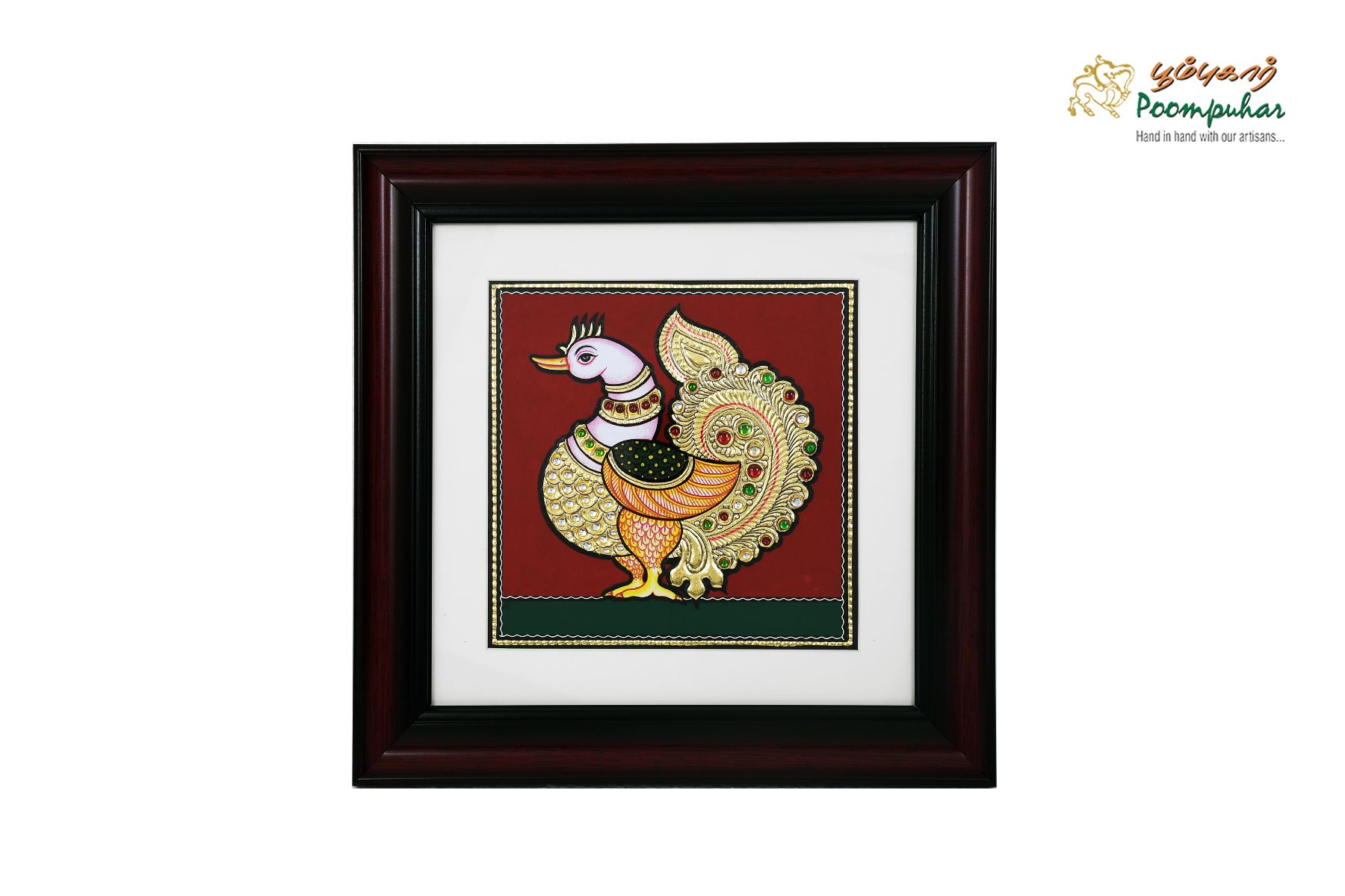 Poompuhar Peacock Tanjore Painting (Gold Foil Work,14X14 inch), Multicolour )
