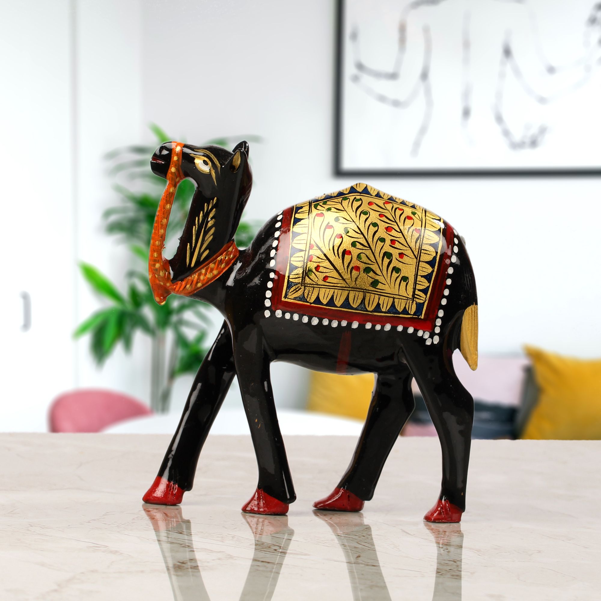 Tribes India Black Handcrafted Wooden Camel With Gold Painting