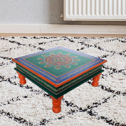 The Cocotier® Wood Carved Dark Green Chowki Bajot for Pooja Home Temple, Hand Painted Stool, chaurang for pooja (38X38X17cms). The Cocotier® Wood Carved Dark Green Chowki Bajot for Pooja Home Temple, Hand Painted Stool, chaurang for pooja (38X38X17cms).