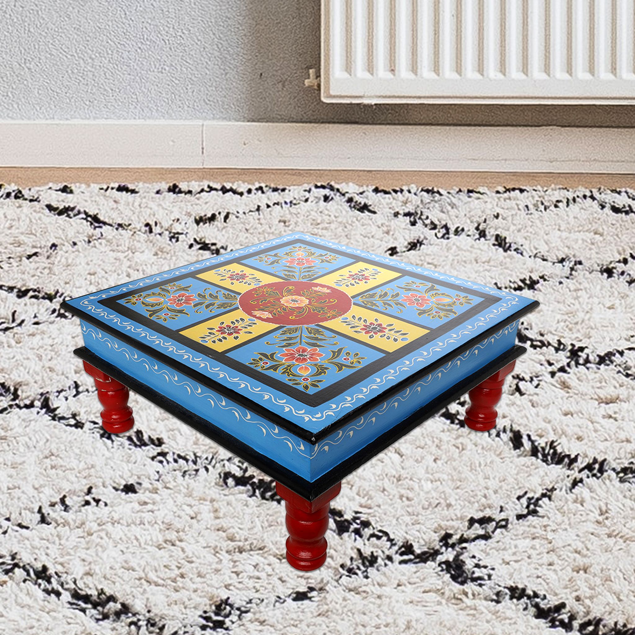 The Cocotier® Wood Carved Blue Chowki Bajot for Pooja Home Temple, Hand Painted Stool, chaurang for pooja (38X38X17cms).