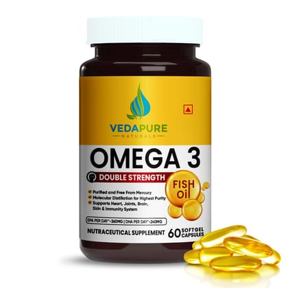 VEDAPURE Naturals Omega 3 |Fish Oil Omega 3 Capsules 1000 mg with Vitamin E & D3 |360 EPA & 240 DHA |High Strength Omega 3 Fatty Acid Capsules for Men & Women| No Fishy Burp | Support Healthy Heart, Eyes & Joints- 60 Softgel