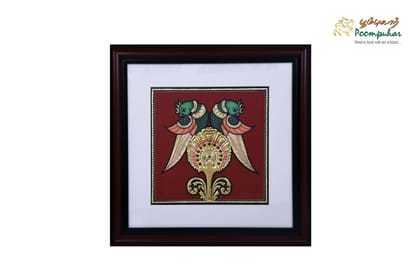 Poompuhar Peacock Tanjore Painting (Gold Foil Work,9X9 inch), Multicolour )