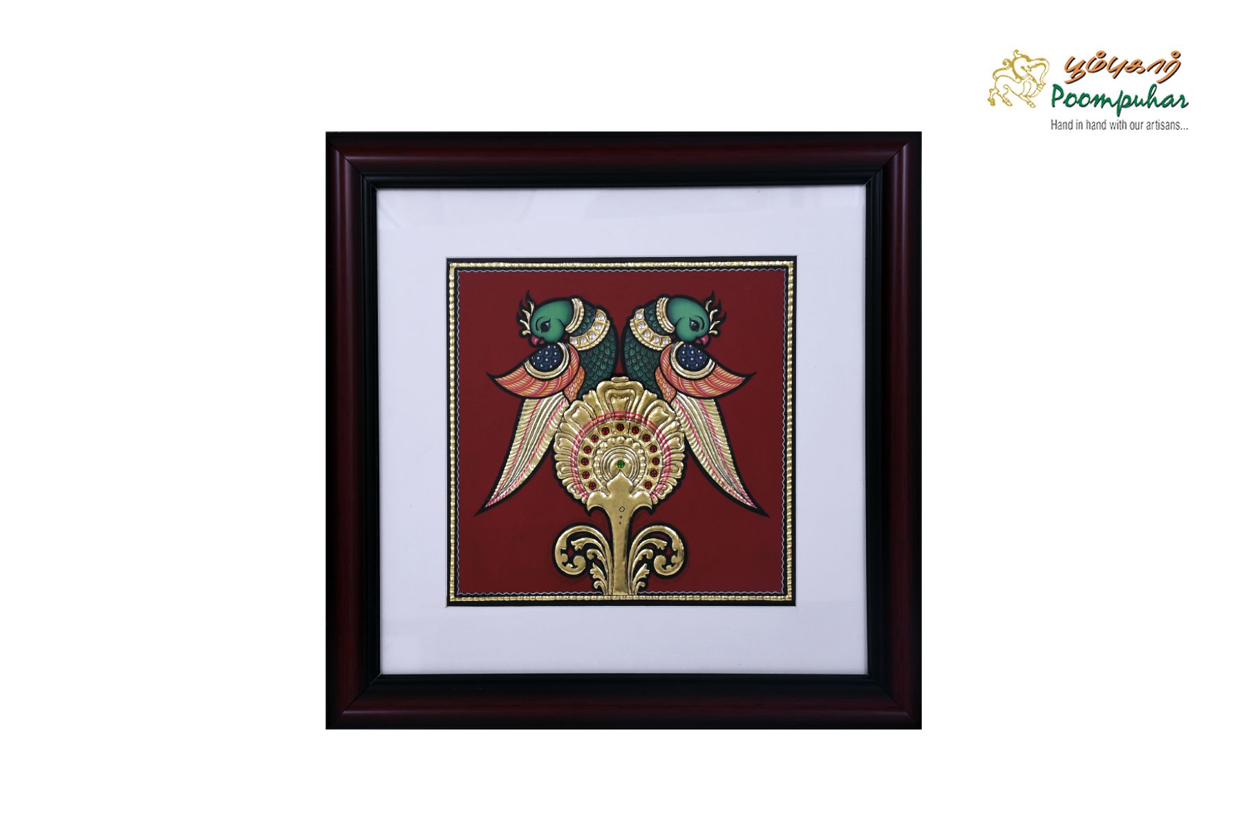 Poompuhar Peacock Tanjore Painting (Gold Foil Work,9X9 inch), Multicolour )