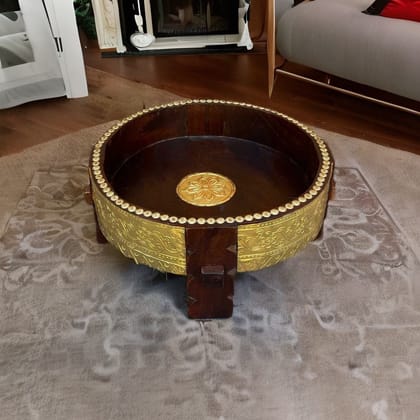 Brass Embossed Wooden Chakki Table-VM Antique Decor