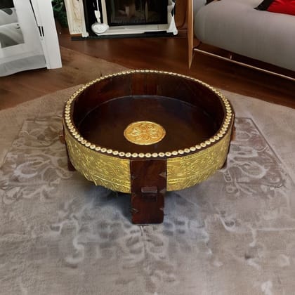 Brass Embossed Wooden Chakki Table-VM Antique Decor Brass Embossed Wooden Chakki Table-VM Antique Decor
