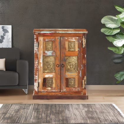 Wooden Cupboard Table Home Living Cabinet, Handicarft Storage Side-board, Distressed Table With Budhha Statue