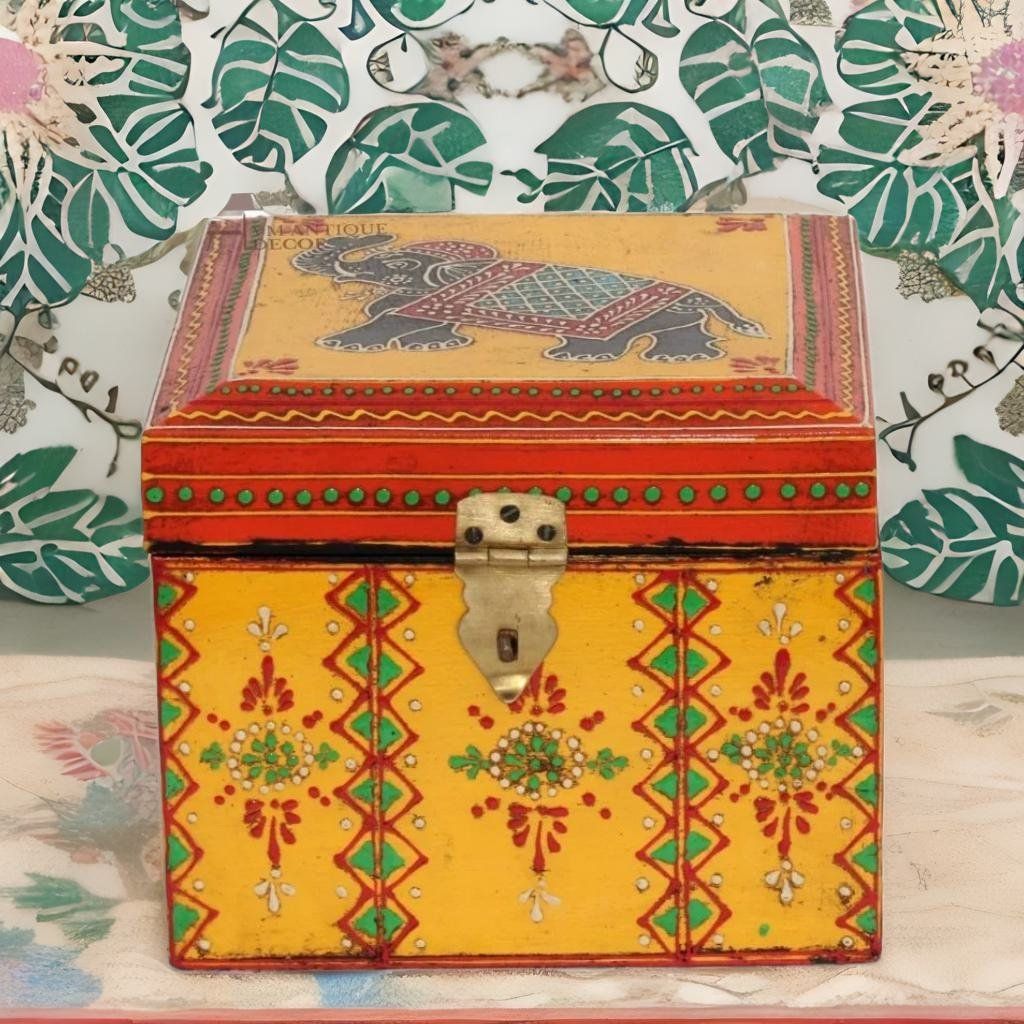 Mango Wood Storage Box Elephant Paint Design