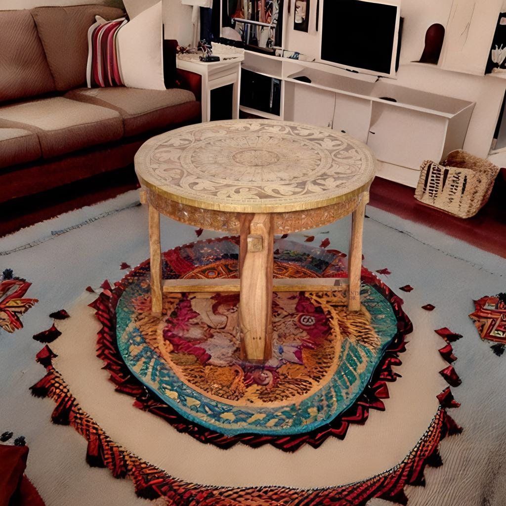Handmade Wooden Round Side Table Natural Color With Brass Work