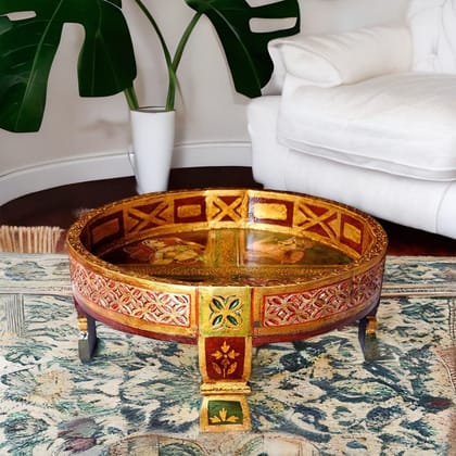 Wooden Round Indian Painted Chakki Table | Grinder Stool Coffee Table