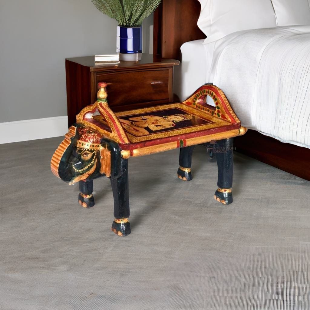 Buddha Painted Wooden Side-Table-Chowki Bajot For Religious Purpose