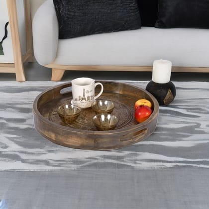 Wood Carved Round Gray Serving Tray