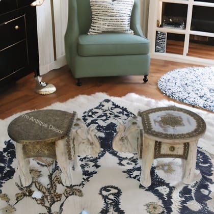 Indian Elephant Distressed Wooden Stool Set of 2 Color White