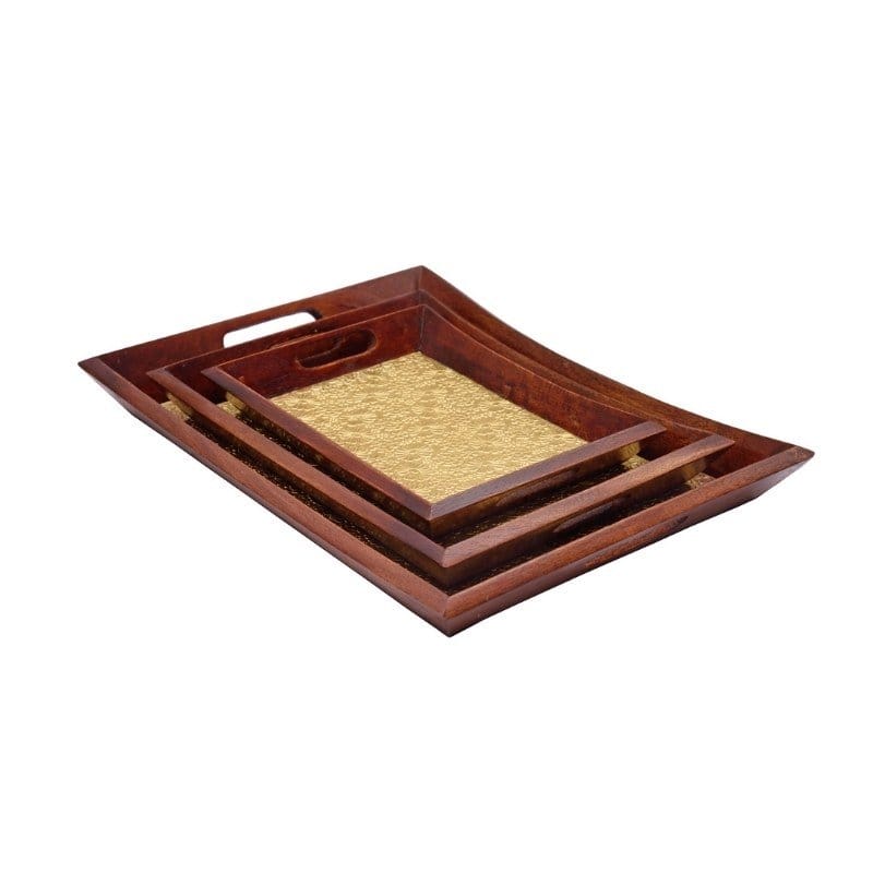 Wooden Brass Serving Tray Setof3
