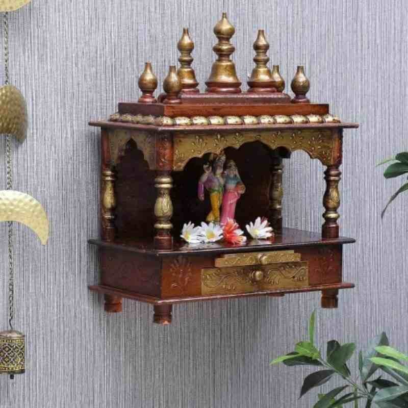 Wooden Beautifull Antique Copper Pooja Mandir Stand