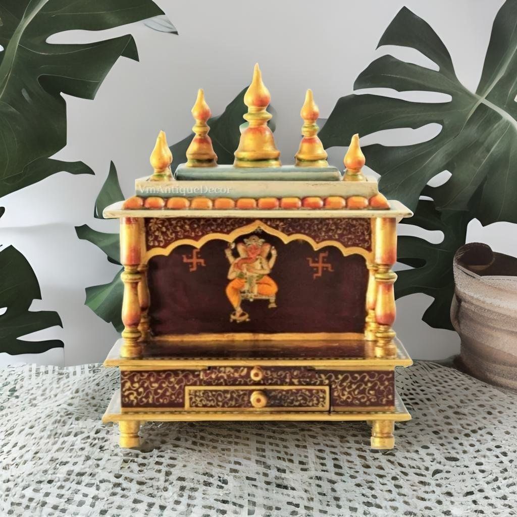 Beautifully Handcraft Painted Wooden Ganesh Temple-Pooja Mandir