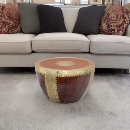  Round Wooden Coffee Table with Ornate Brass Accents