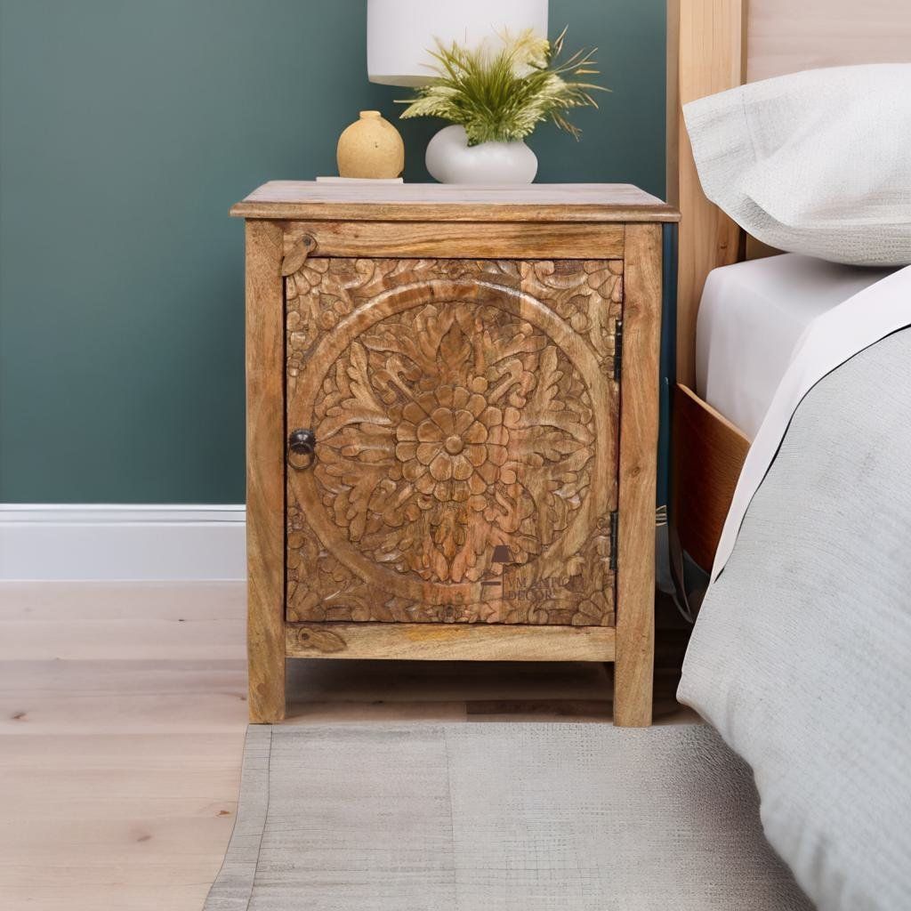 Wooden Carved Bedside Cabinet Side Storage With Mango Wood