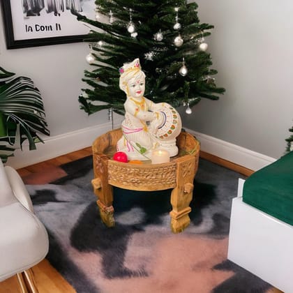 Wooden Round Chakki Table | Solid Wood Coffee Table with Antique Finish