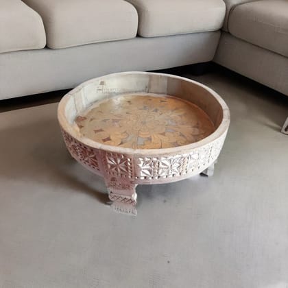 Wooden Handmade Round Gray Chakki Coffee Table with Storage