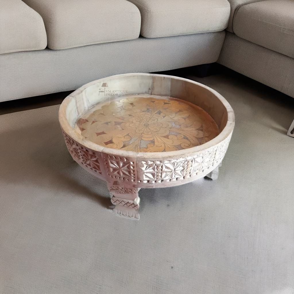 Wooden Handmade Round Gray Chakki Coffee Table with Storage