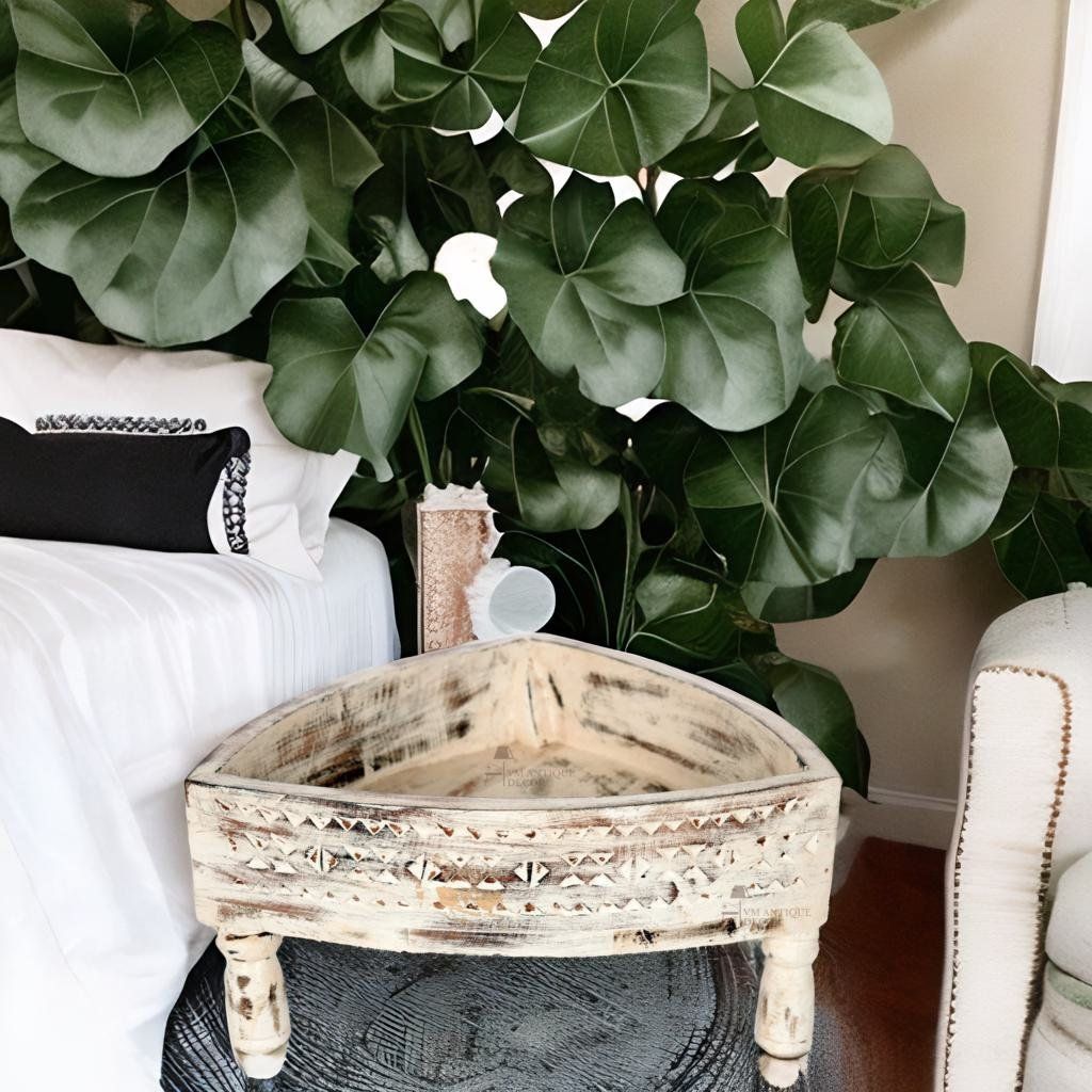 White Wooden Distressed Carved Chakki Table | Round Wood Coffee Table for Decor