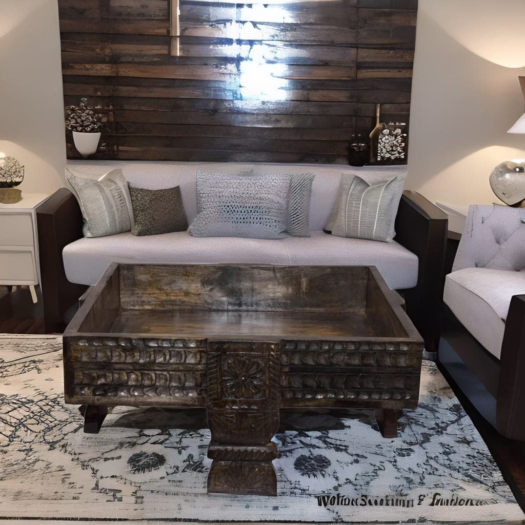 Antique Wooden Square Coffee Table | Wooden Chakki Table Rustic Grinder Table