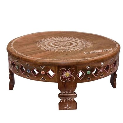 Attractive Wooden Hand Painted Round Chowki Table,Pooja Decor