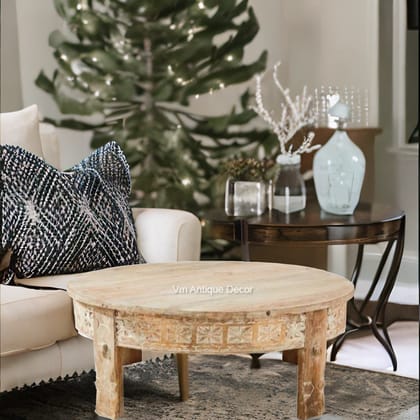 Wooden Round White Wash Indian Carved | Antique Stool Chair