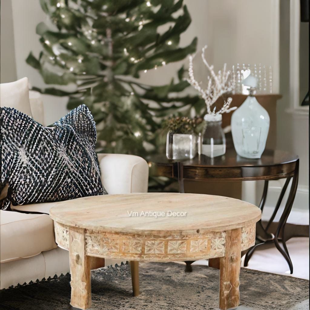 Wooden Round White Wash Indian Carved | Antique Stool Chair