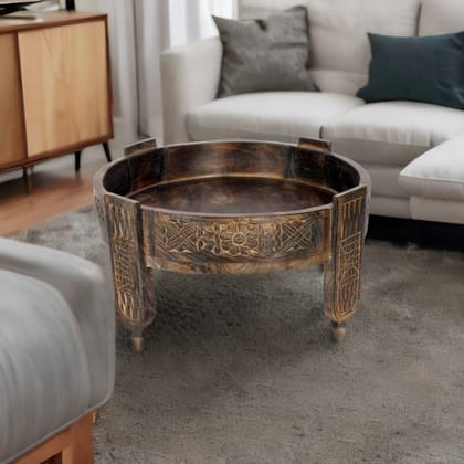 Indian Antique Handmade Carved Bedside Round Coffee Table | Antique Coffee Table for Home Decor