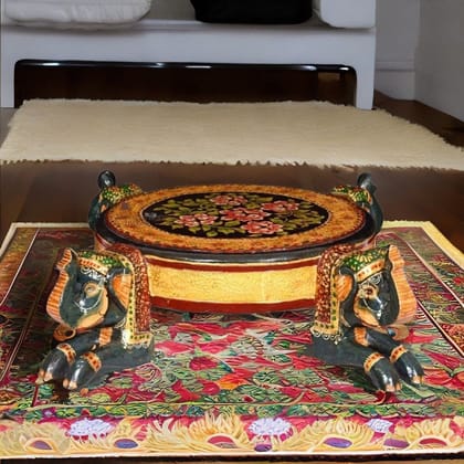 Attractive Indian Wooden Round Elephant 4 Mouth Pooja Religious Chowki Table