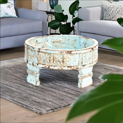 Exclusive Wooden Round Handcarved Chakki Table | Indian Antique Coffee Table