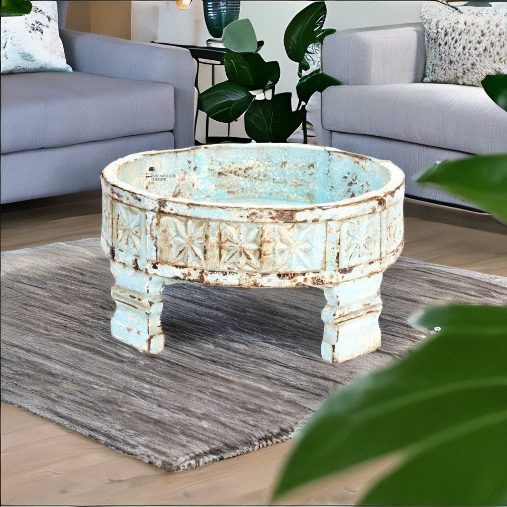 Exclusive Wooden Round Handcarved Chakki Table | Indian Antique Coffee Table