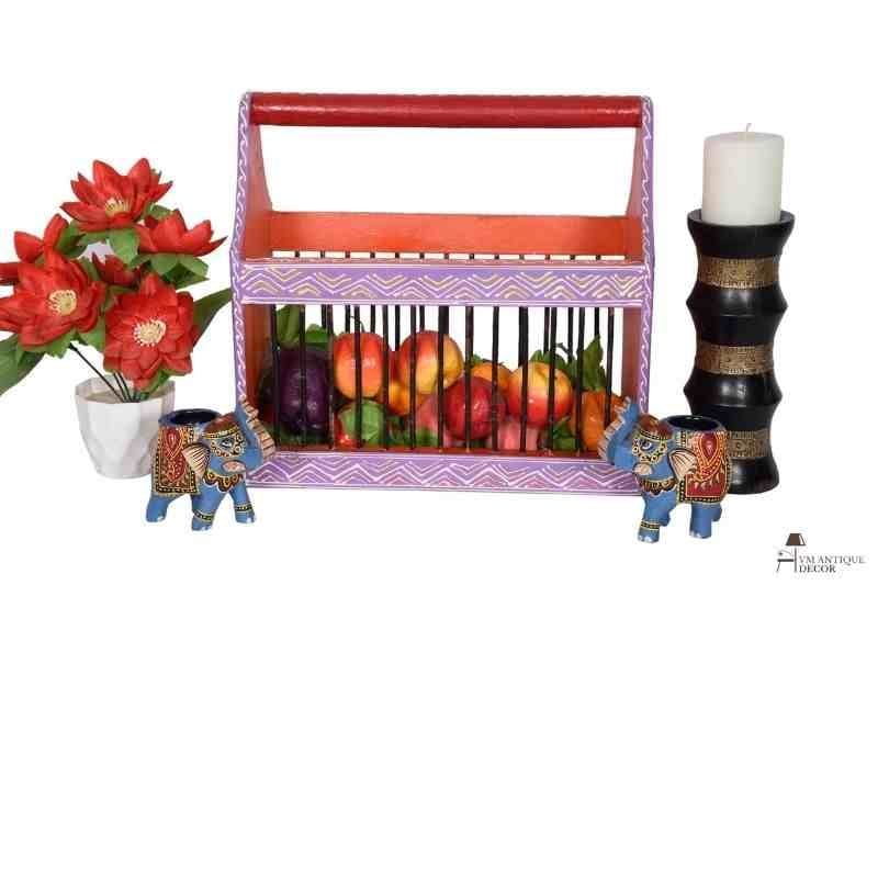 Wooden Hand painted Indian Basket Plate Dish Fruits Vegetable Rack Kitchen Décor