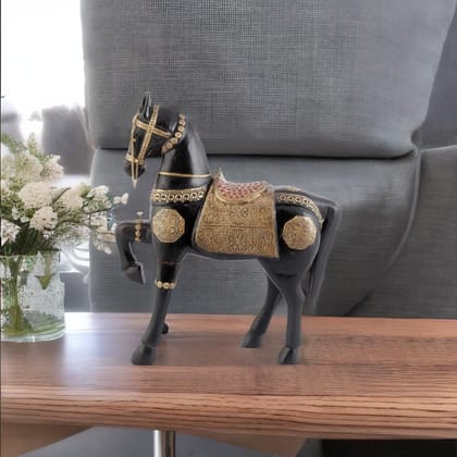 Black Colored Coated, Designed Brass Fitted Antique Wooden Furniture Horse