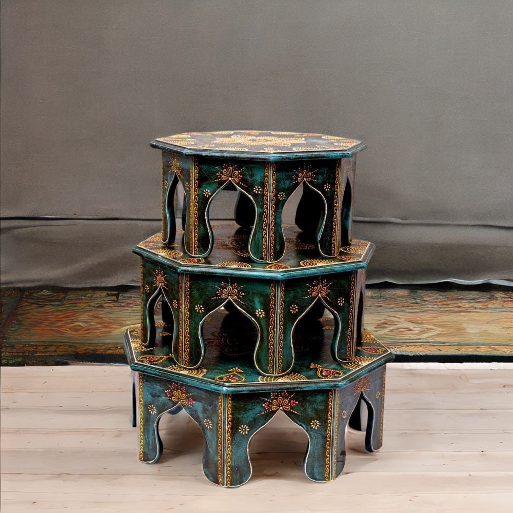 Wooden Indian Hand Painted Modern Beautiful Bajot Table Pair of 3