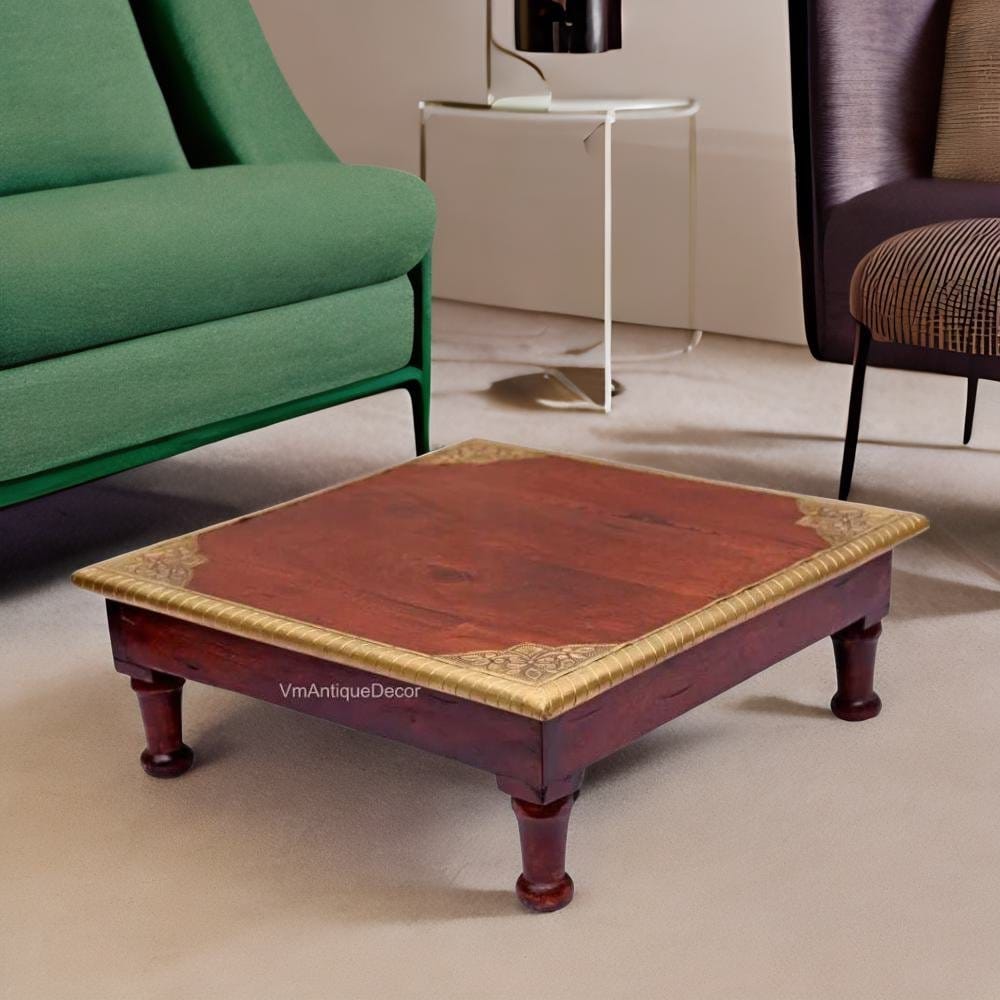 Indian Handmade Wooden Chowki Table Brown Brass