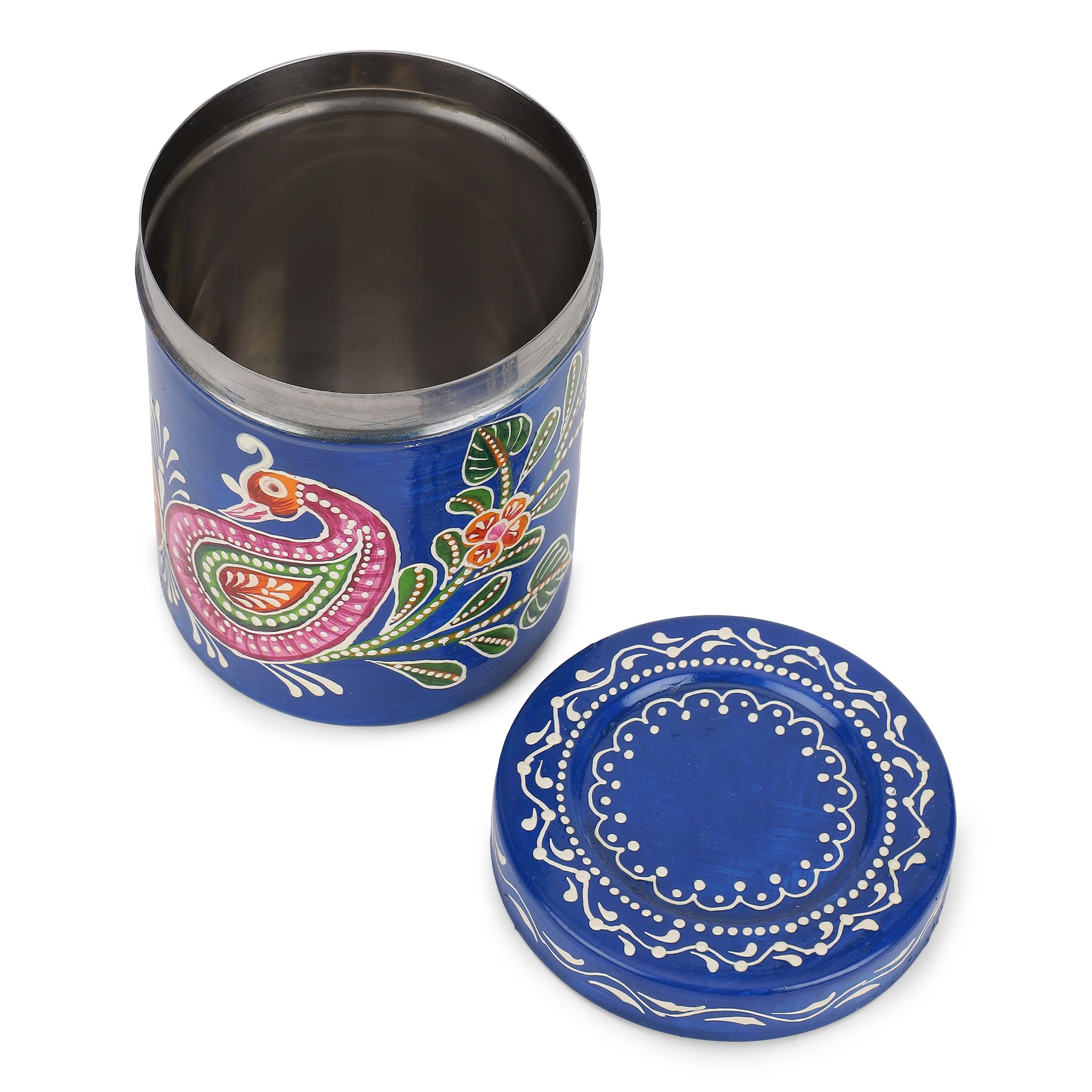 The Cocotier® Painted Stainless Steel Storage Box in vibrant blue color, Ideal for storing spices, dry ingredients, or even small household items. (Blue-peacock)
