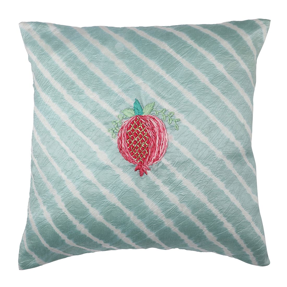 The Cocotier® Pure Silk Cushion Cover with Beautiful Hand Embroidered promegranate, Botton Closure, Coconut Shell Button, lehriya Print, Rajasthani Dyeing Technique (Green & Off White, 16 X 16)
