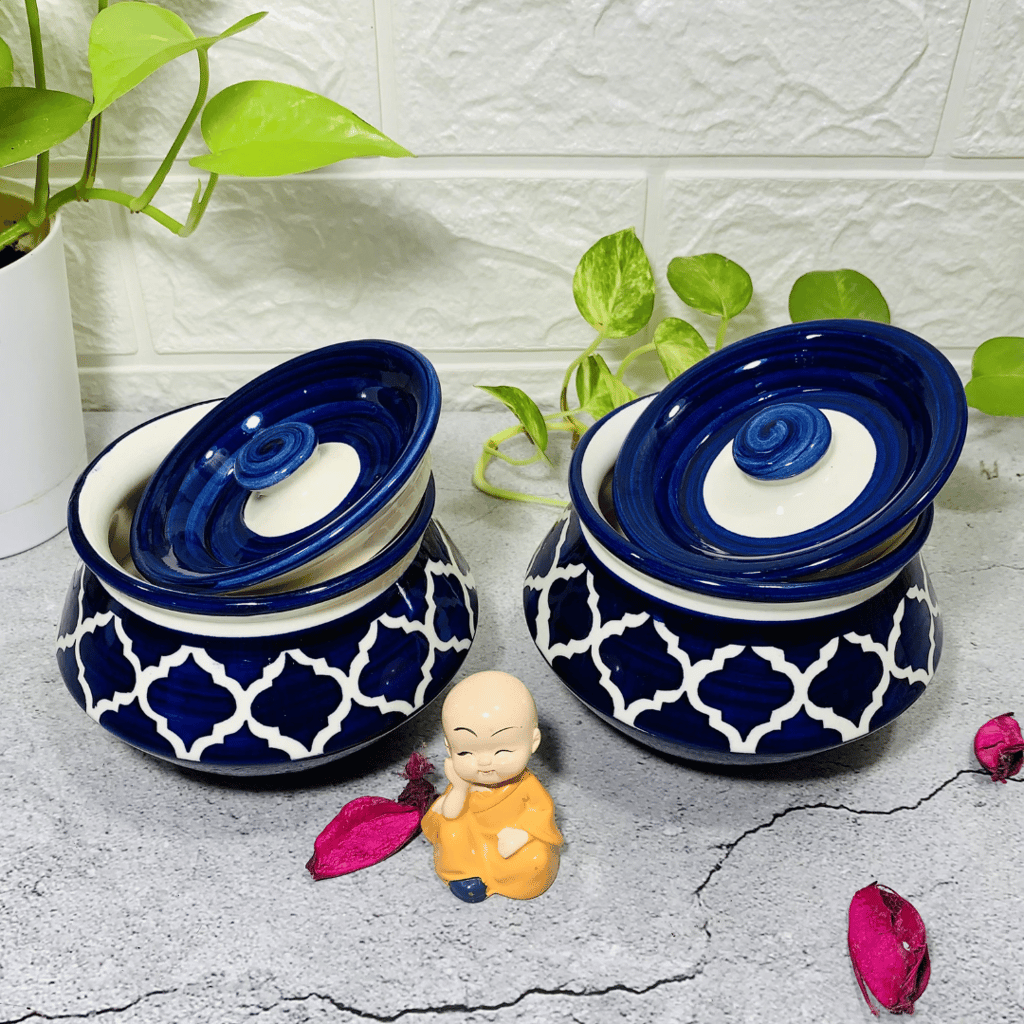 Homefrills Handpainted Multi-Utility Storage Ceramic Jar & Container with Lid/Achar Barni/Handi for Storage of Achar/Snacks /Pickle/cookies etc. (2 Handi with Lid )Colour-Blue Capacity-350 ML(approx)Each.
