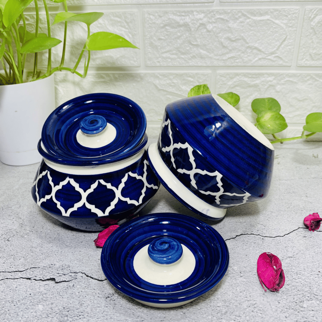 Homefrills Handpainted Multi-Utility Storage Ceramic Jar & Container with Lid/Achar Barni/Handi for Storage of Achar/Snacks /Pickle/cookies etc. (2 Handi with Lid )Colour-Blue Capacity-350 ML(approx)Each.