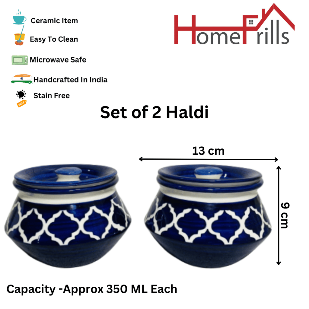 Homefrills Handpainted Multi-Utility Storage Ceramic Jar & Container with Lid/Achar Barni/Handi for Storage of Achar/Snacks /Pickle/cookies etc. (2 Handi with Lid )Colour-Blue Capacity-350 ML(approx)Each.