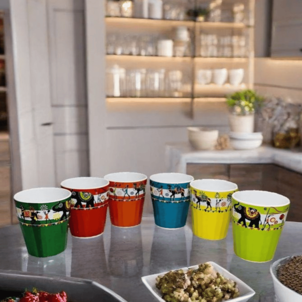 Homefrills Handpainted Stylish Multicolour Tapri Style Ceramic Tea/coffee cups/ Cutting Chai Glasses/Kullad Set of 6 Multicolour Glass