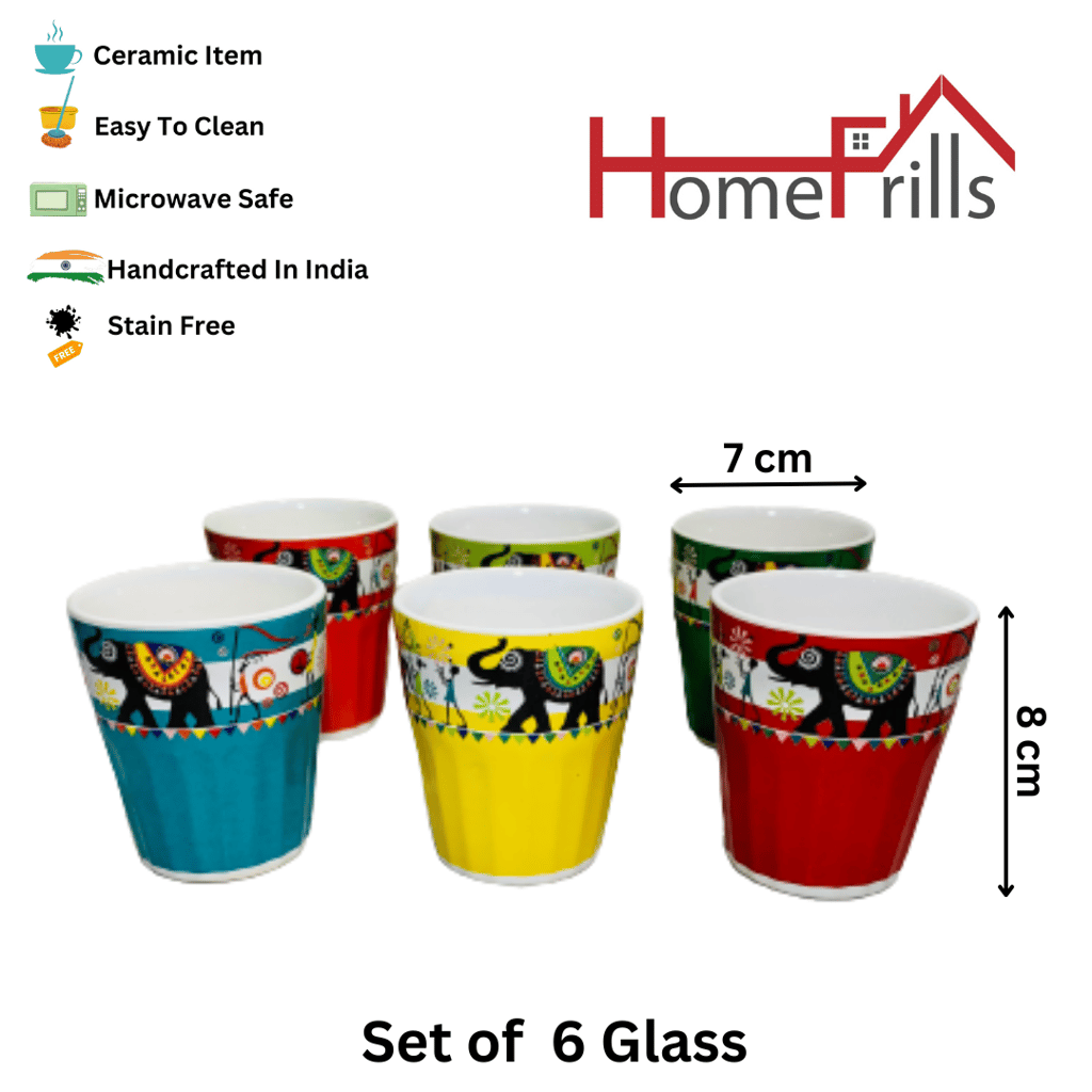 Homefrills Handpainted Stylish Multicolour Tapri Style Ceramic Tea/coffee cups/ Cutting Chai Glasses/Kullad Set of 6 Multicolour Glass