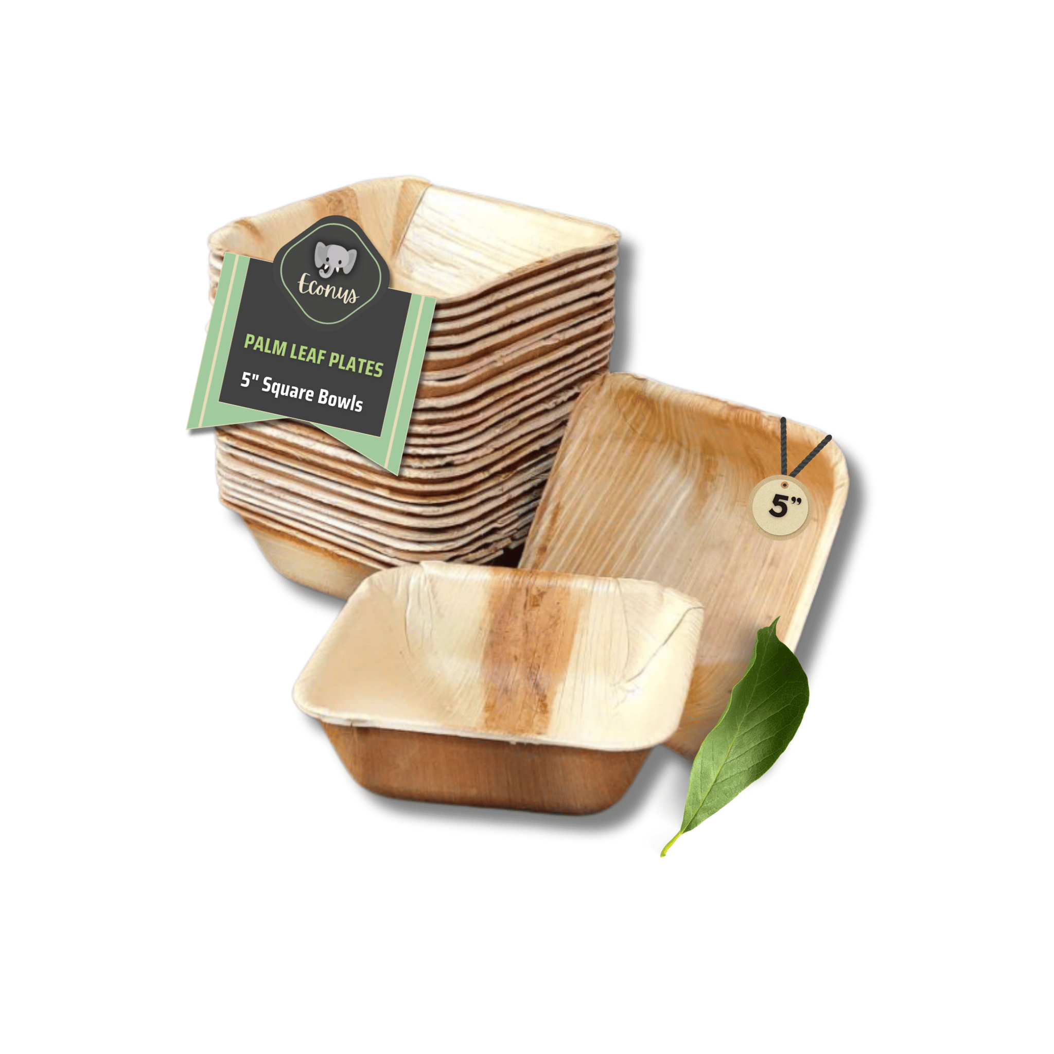 ECONUS [5 Inch, 25-Pack Palm Leaf Square Soup Bowls | Disposable Eco-Friendly Biodegradable Like Bamboo Bowls | Party, Wedding, Event Bowls