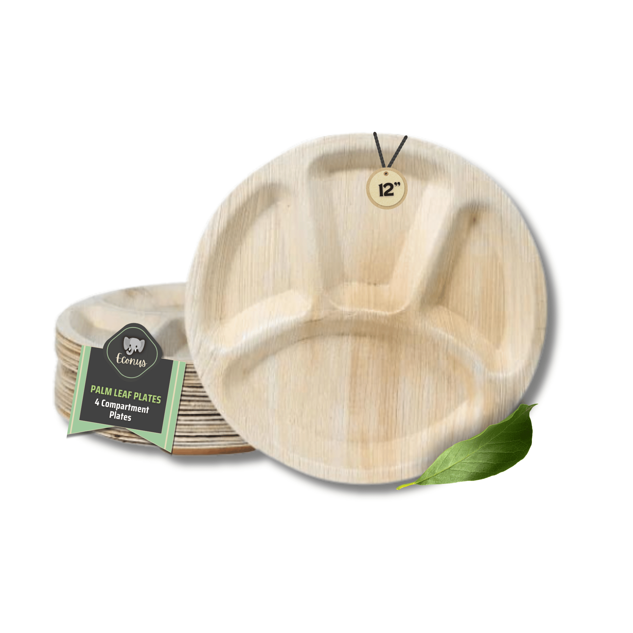 ECONUS [12 Inch, 25-Pack 4 Compartment Palm Leaf Round Plates | Disposable Eco-Friendly Biodegradable Like Bamboo Plates | Party, Wedding, Event Plates