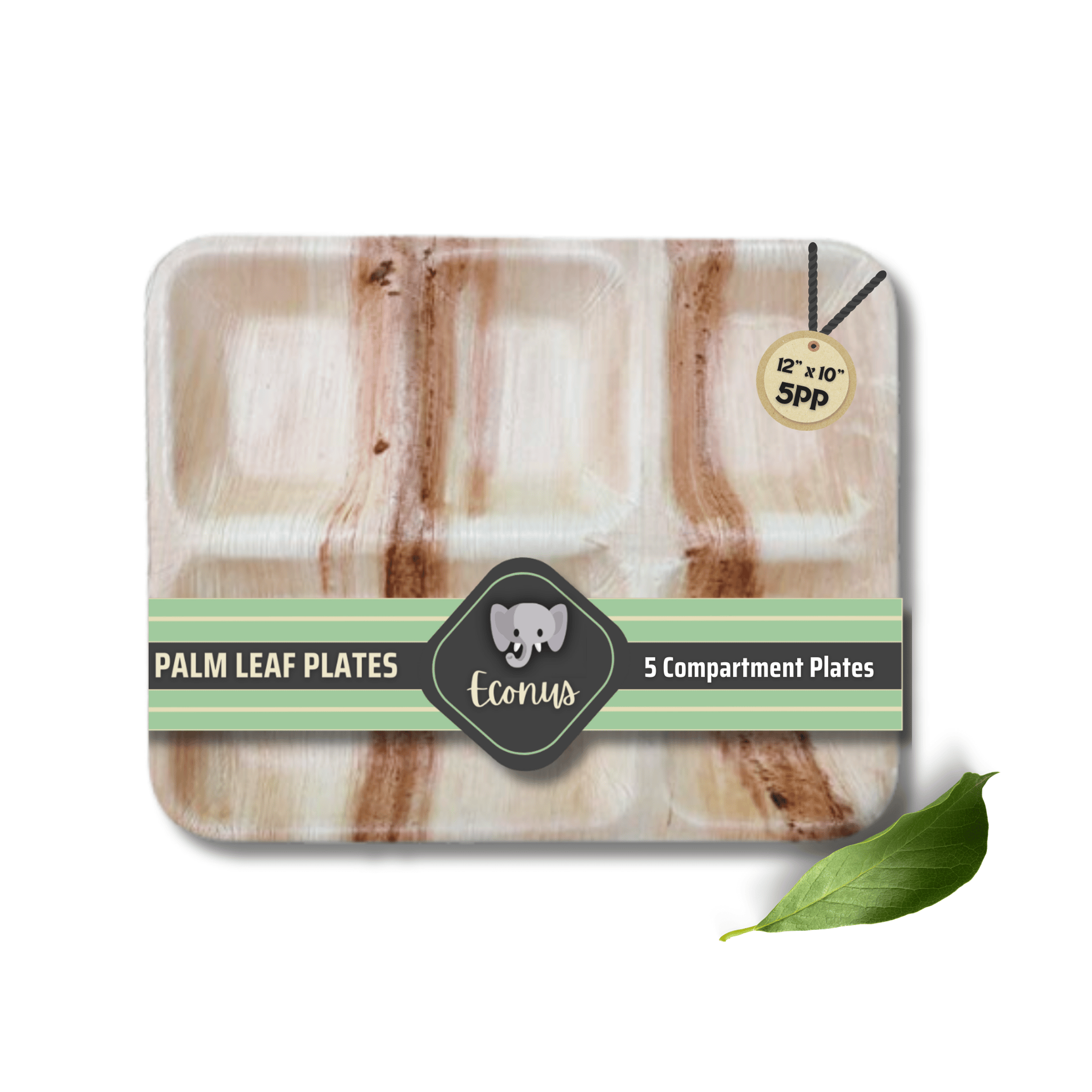 ECONUS [12x10 Inch, 25-Pack 5 Compartment Palm Leaf Rectangle Plates | Disposable Eco-Friendly Biodegradable Like Bamboo Plates | Party, Wedding, Event Plates