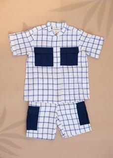Handwoven Cotton Co-ord set with Patch Pocket | Boys/Girls | Indigo Checkmate